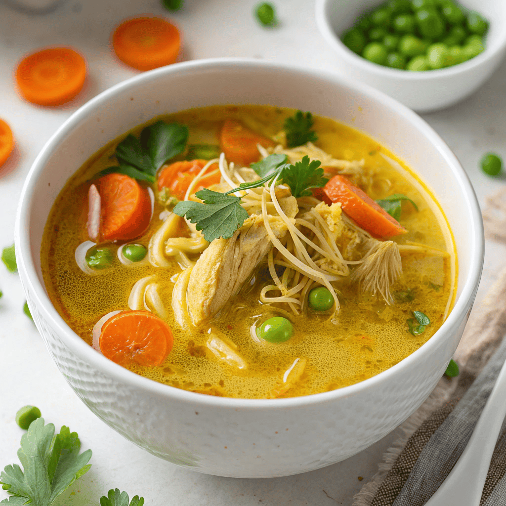 Easy Turmeric Chicken Soup – Healing Comfort in Every Bowl 4 Golden turmeric chicken soup with shredded chicken, carrots, peas, herbs, and lime wedges in a white bowl.