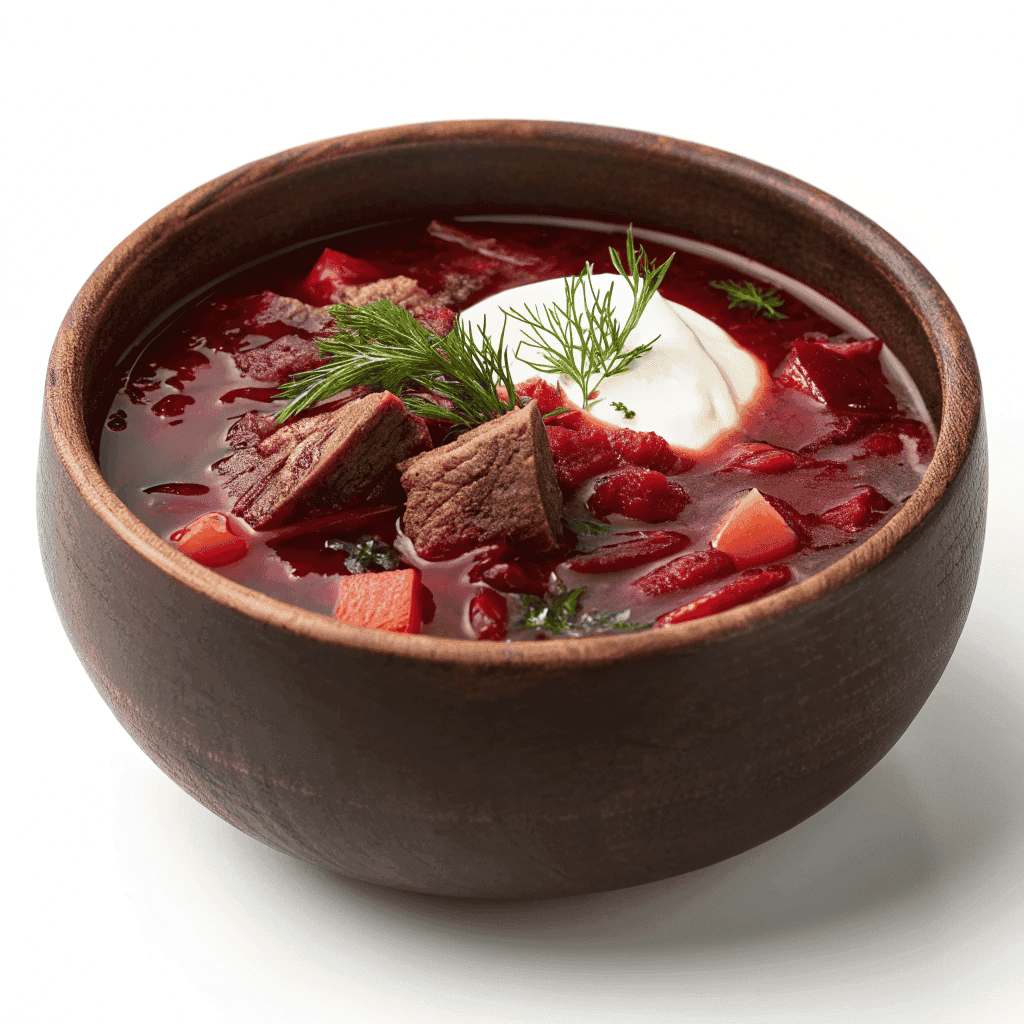 Traditional Ukrainian borscht isolated on white background with sour cream and dill in a dark ceramic bowl.