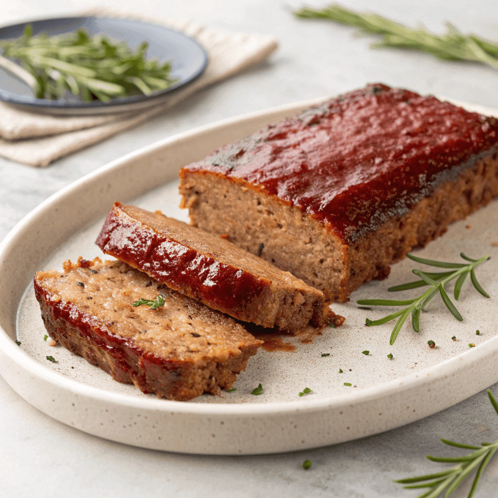 Sliced vegan meatloaf made with Impossible meat, topped with a glossy tomato glaze and served on a white plate