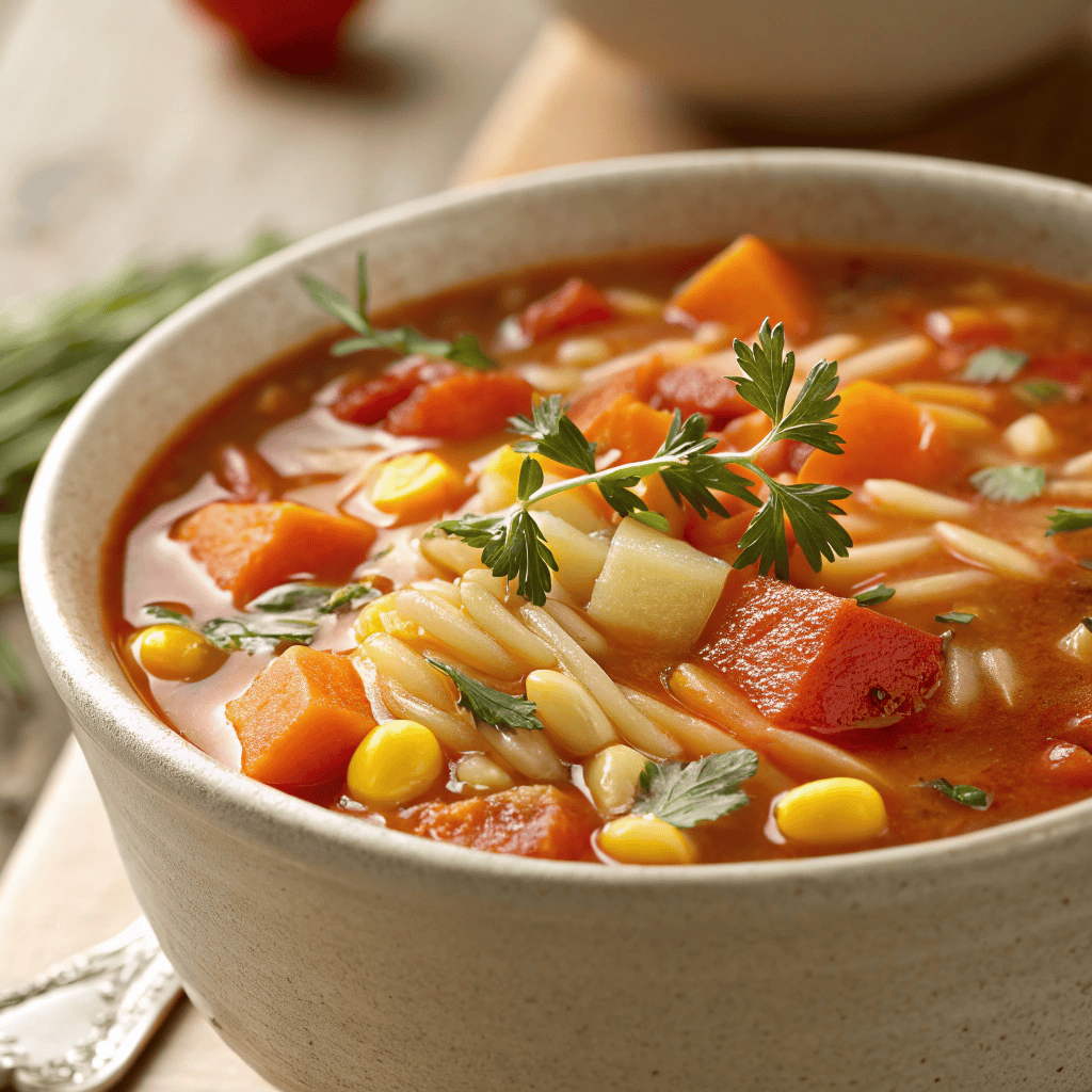 Vegetable orzo soup with carrots, potatoes, corn, tomatoes, and herbs in rich tomato broth.