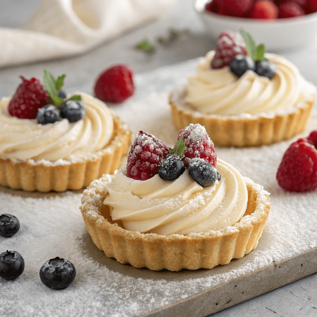 White chocolate mousse tartlets with raspberries, powdered sugar, and fluted pastry crust