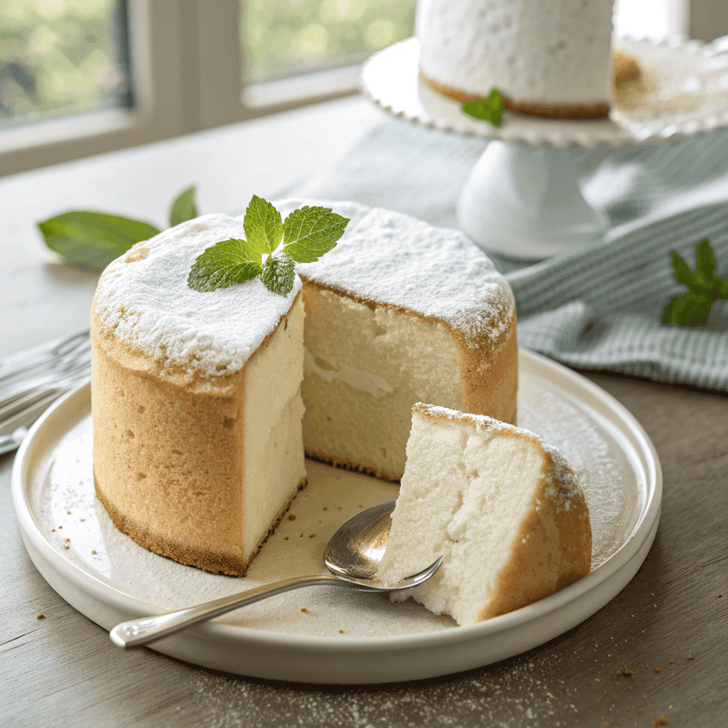 Yogurt cloud cake with powdered sugar and airy creamy interior on a plate