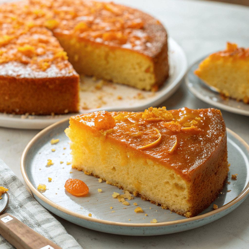 Moist Persian orange cake slice with glossy orange syrup glaze and fresh zest.