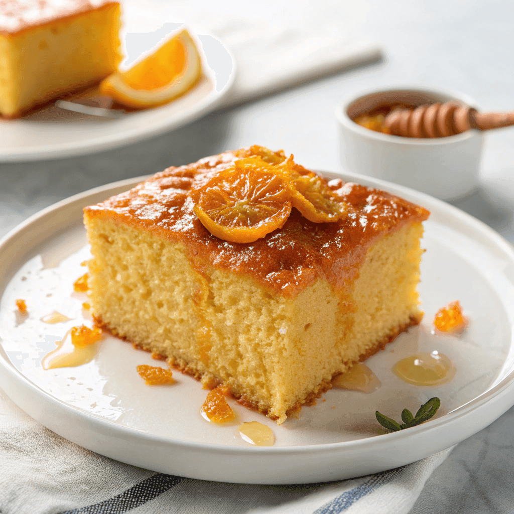 Golden Persian orange cake slice served on a white plate with citrus glaze. 