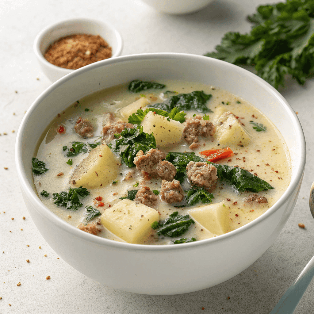 Easy Zuppa Toscana Soup – Creamy, Hearty & Italian-Inspired Comfort 1 Zuppa Toscana soup served in a bowl with creamy broth, sausage, and potatoes.