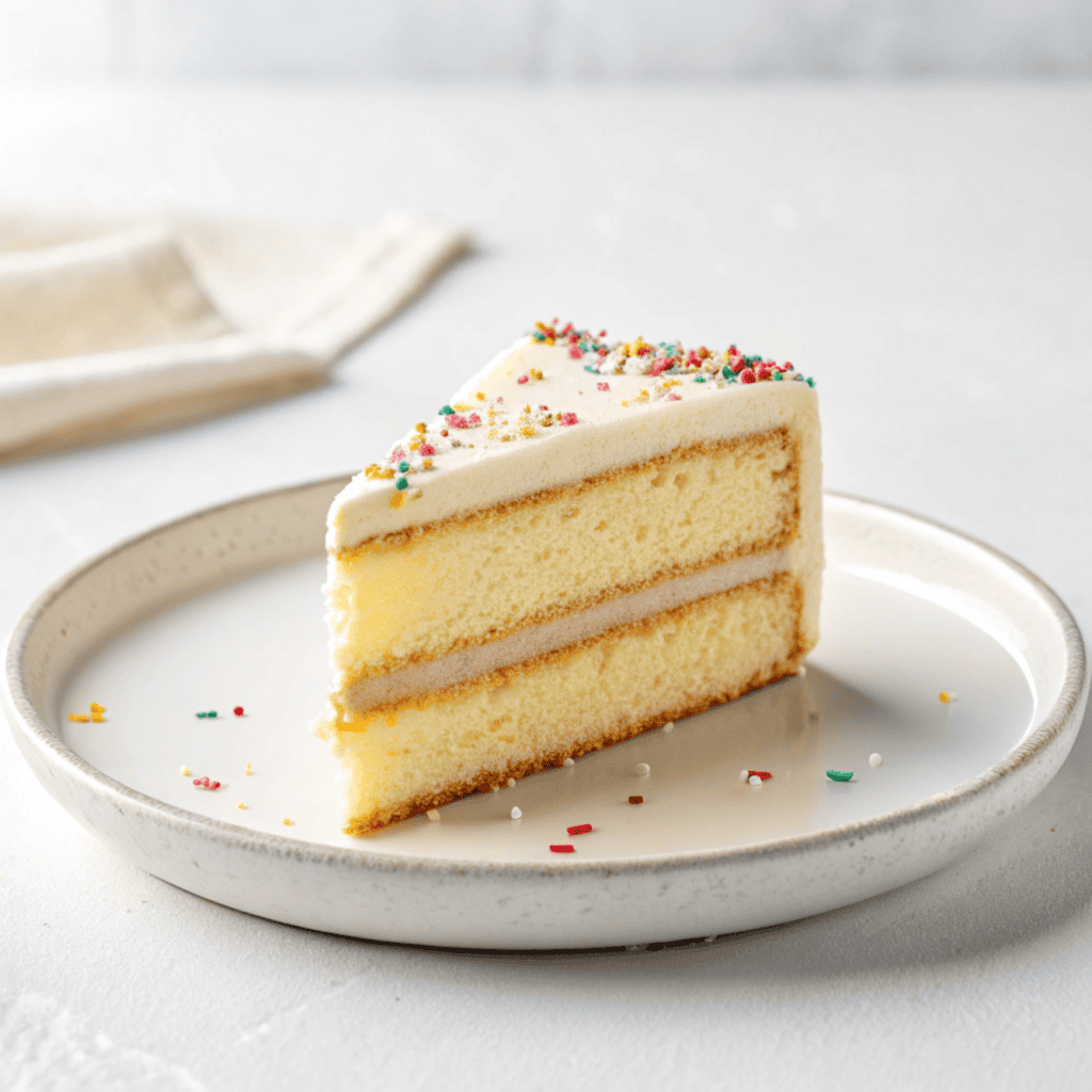 French butter cake slice with vanilla frosting and sprinkles on a white plate.