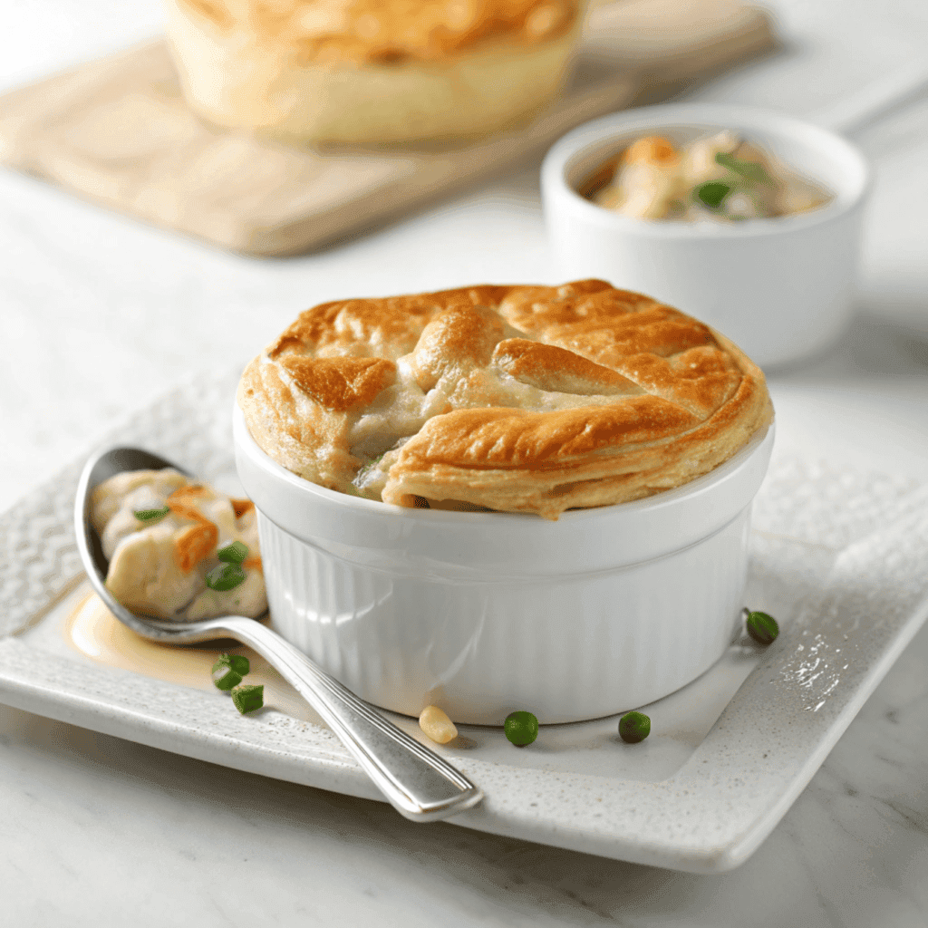 Individual French chicken pot pie with golden puff pastry in a white ramekin.