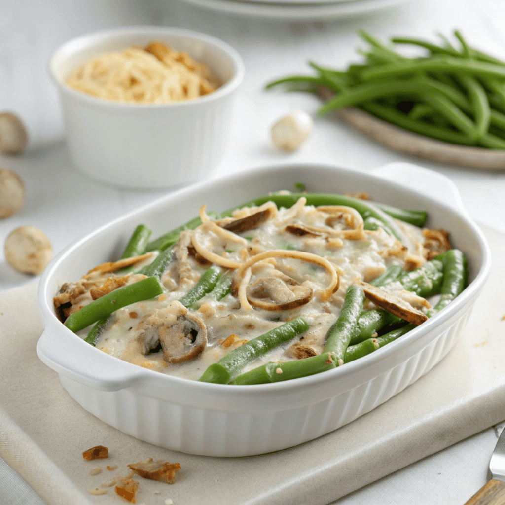 A full baked French onion green bean casserole with melted cheese and vegetables.