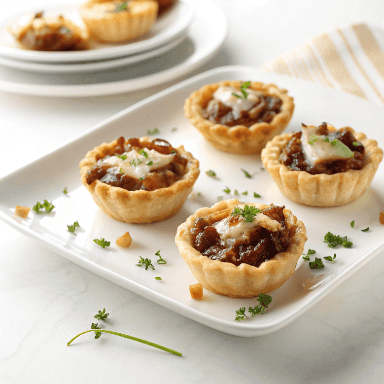 French onion soup bites served on a white plate with caramelized onions and melted cheese