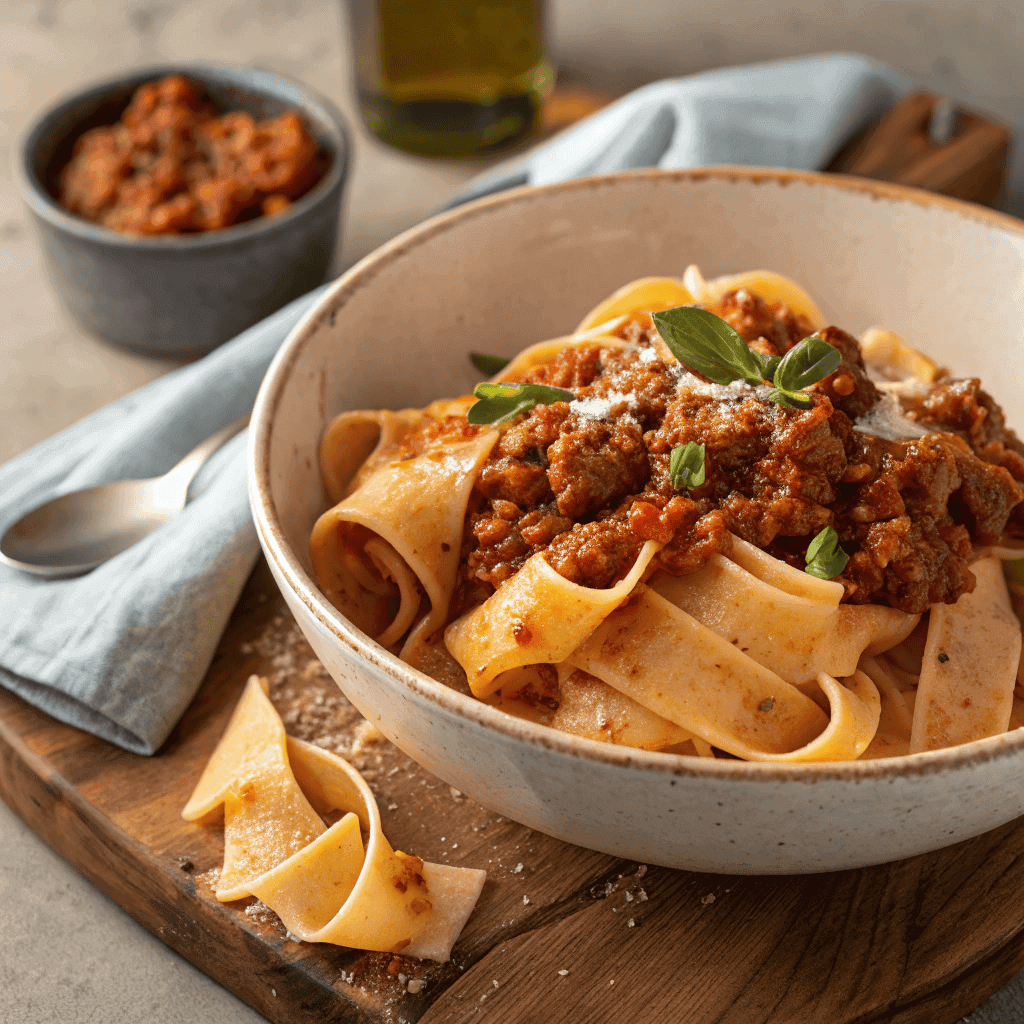 Full serving of pappardelle bolognese with thick meat sauce in a rustic bowl