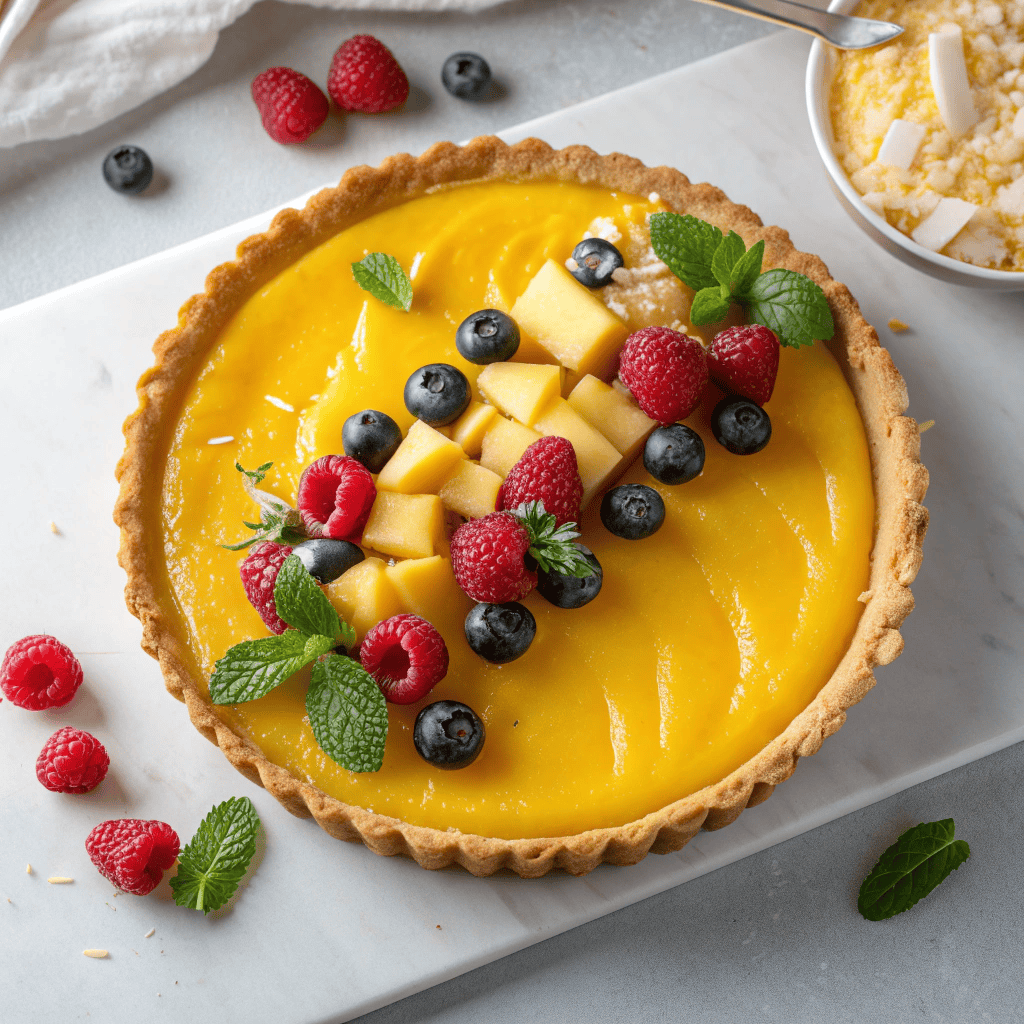 Full view of a mango curd tart with berries and coconut topping