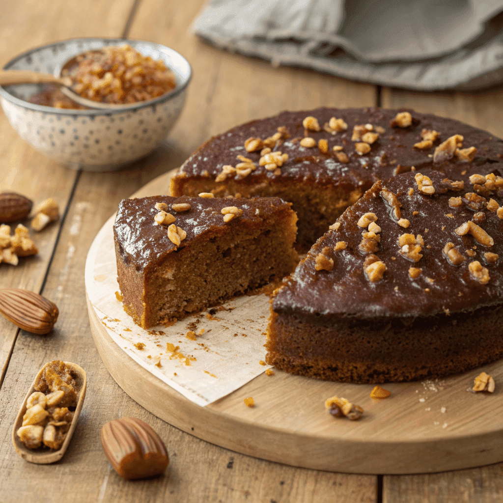 Full view of Persian date cake with one slice cut out and nut topping