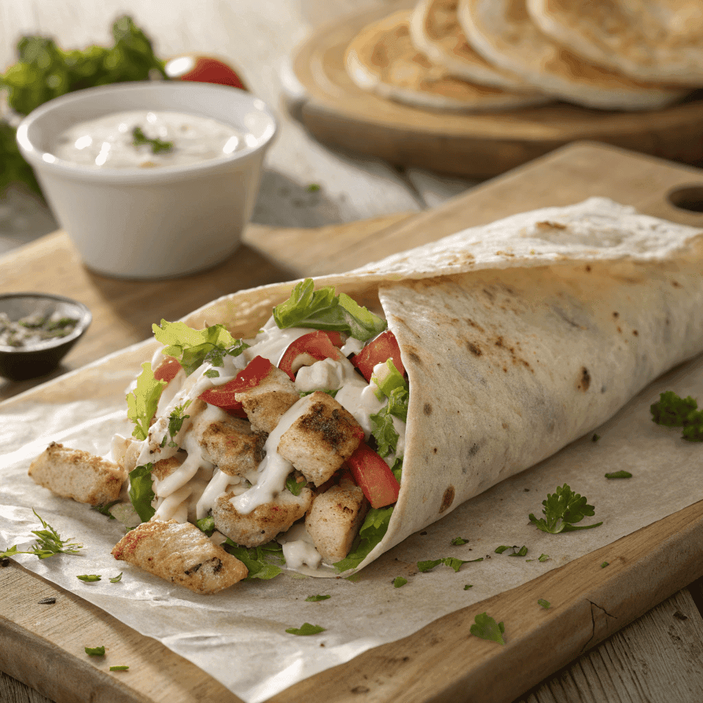 Full chicken shawarma wrap filled with grilled chicken and garlic sauce