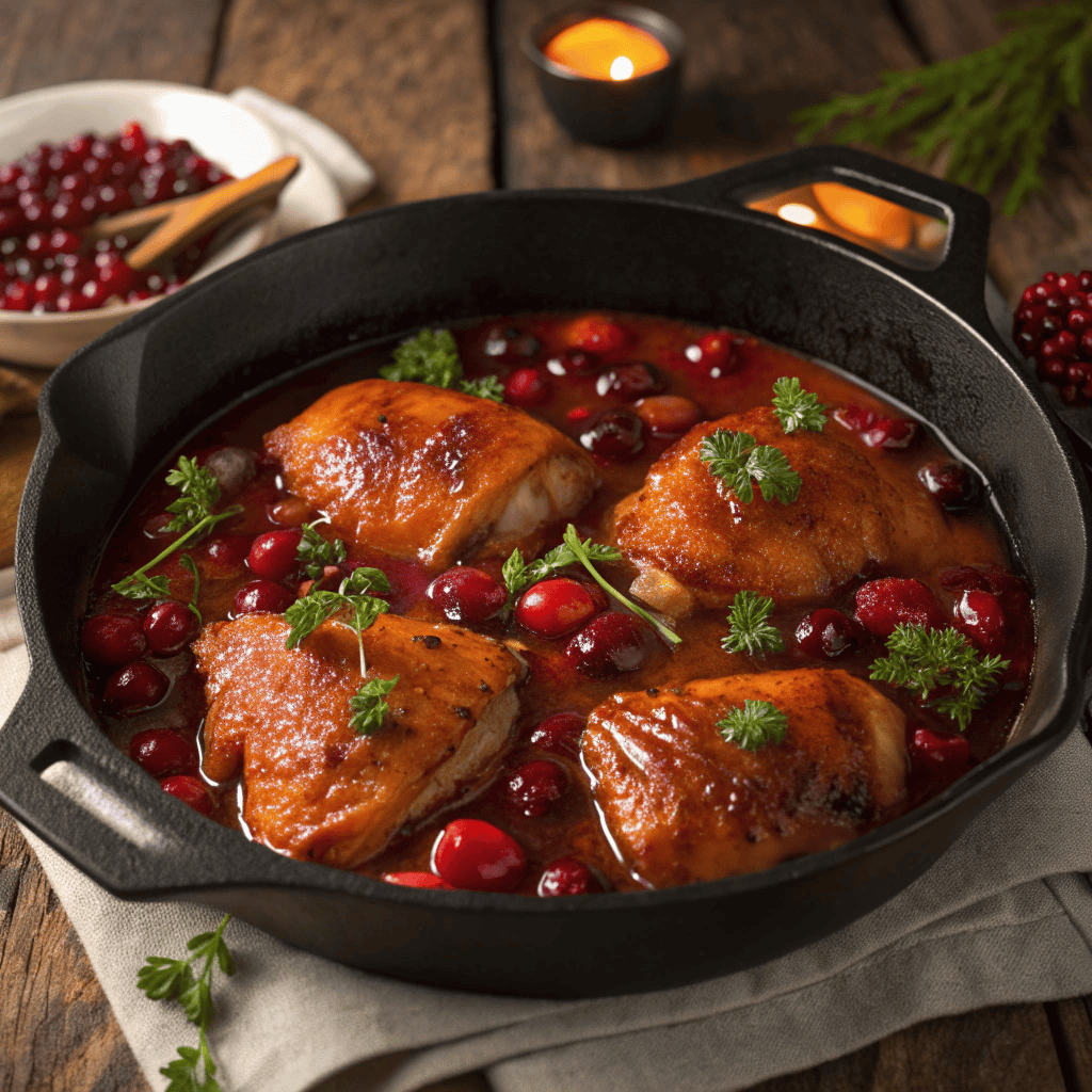 Full skillet of cranberry orange glazed chicken with thick cranberry sauce