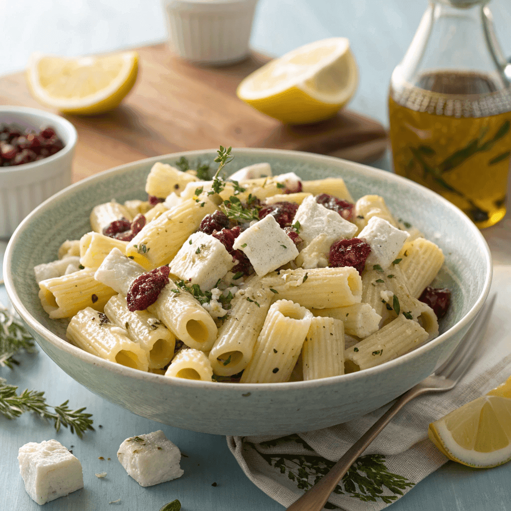 Full serving of feta and cranberry rigatoni salad with lemon and thyme