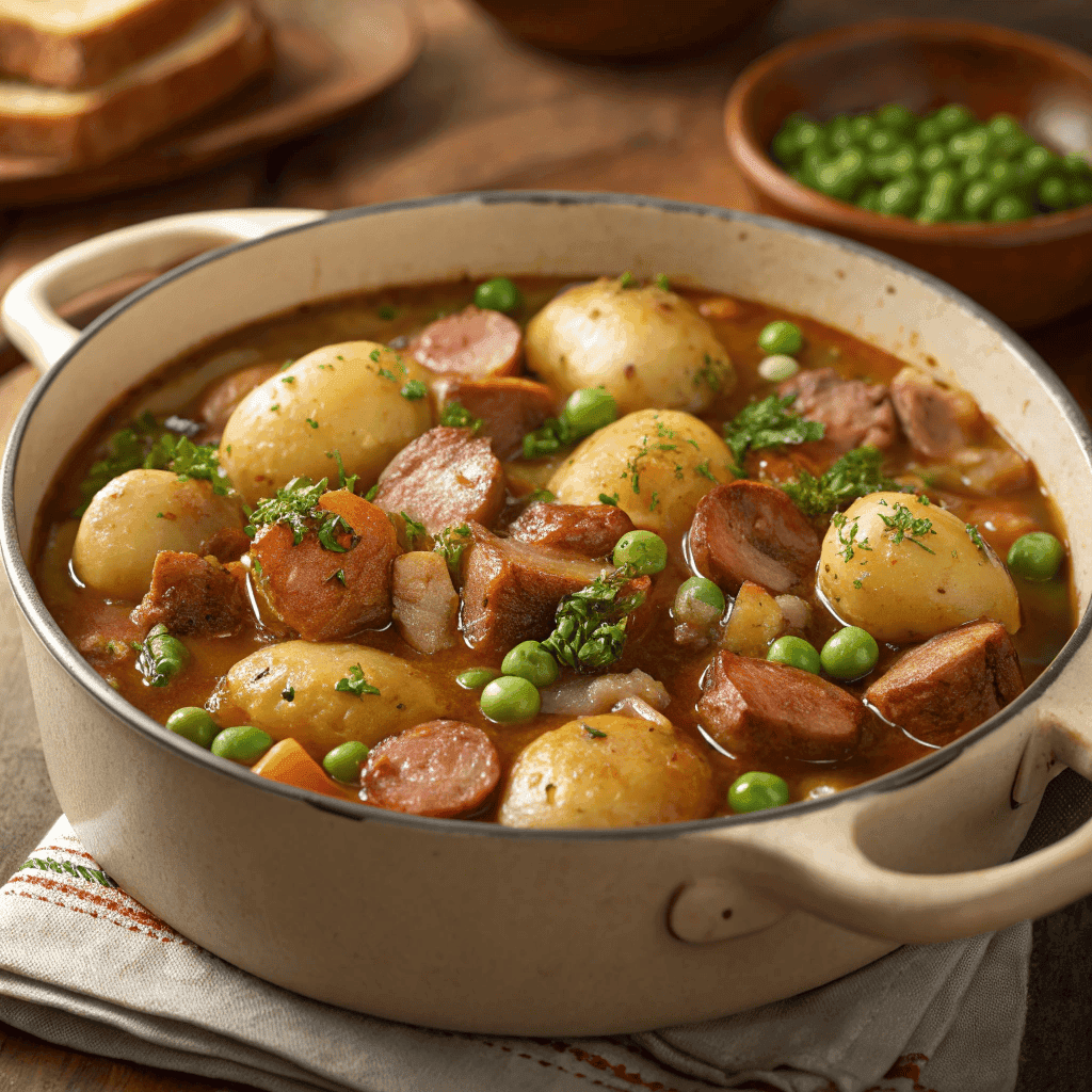 Full pot of Dublin coddle with sausages, potatoes, and onion broth