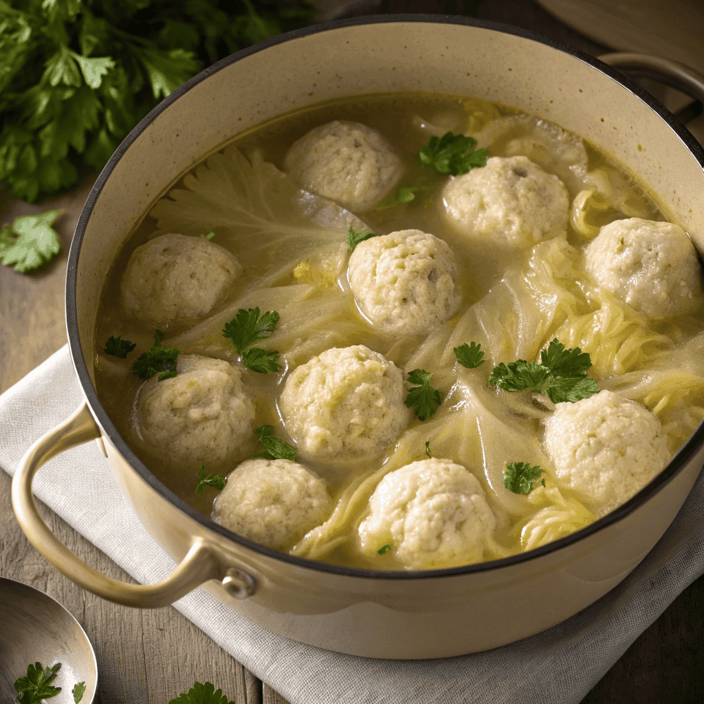 Full pot of German cabbage and dumplings cooked in savory broth