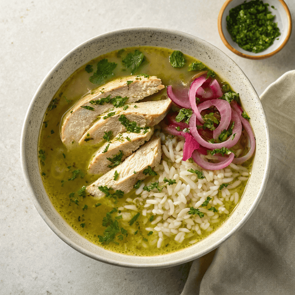 Full bowl of green herb chicken and rice soup with pickled onions