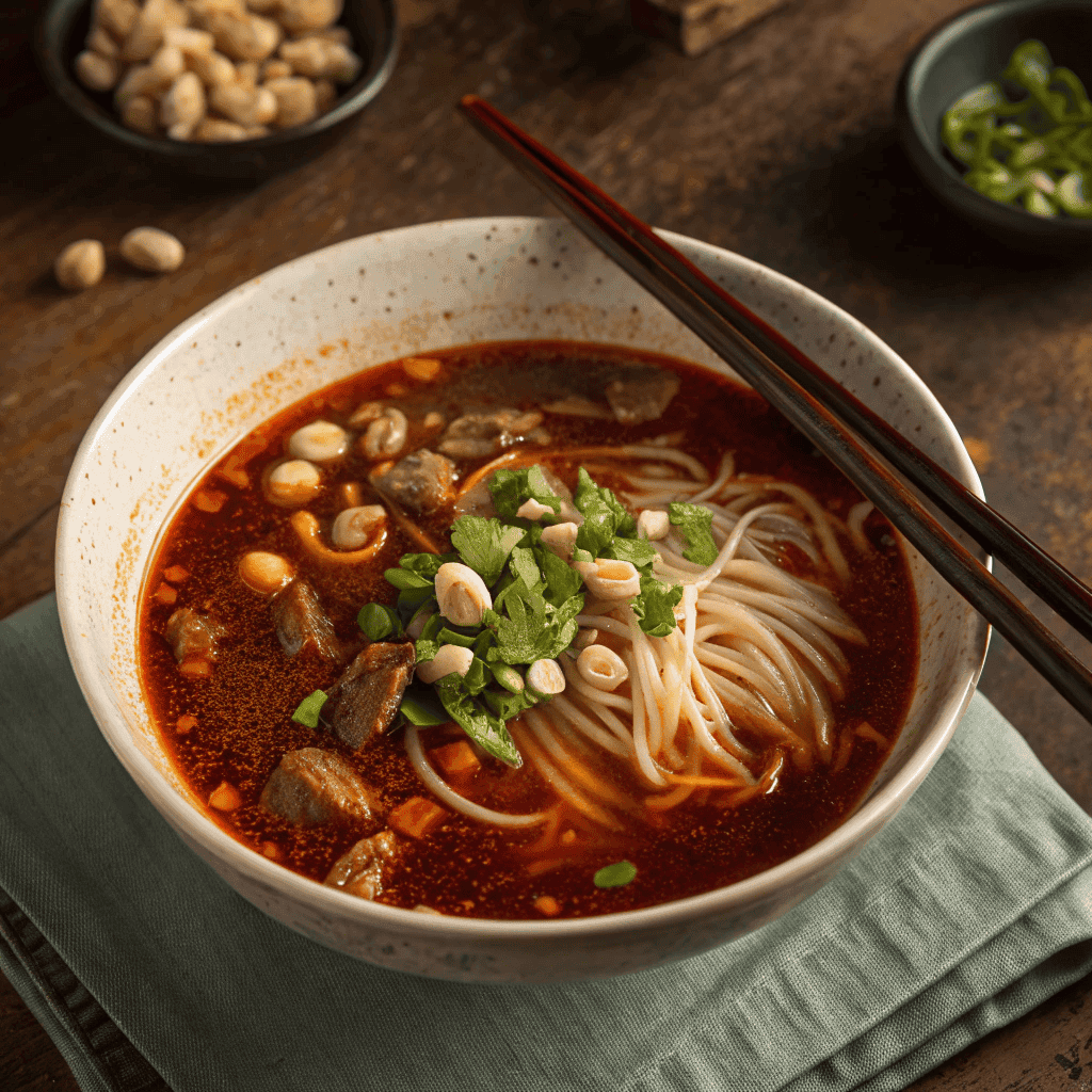 Full bowl of hot and sour noodle soup with chili oil and toppings
