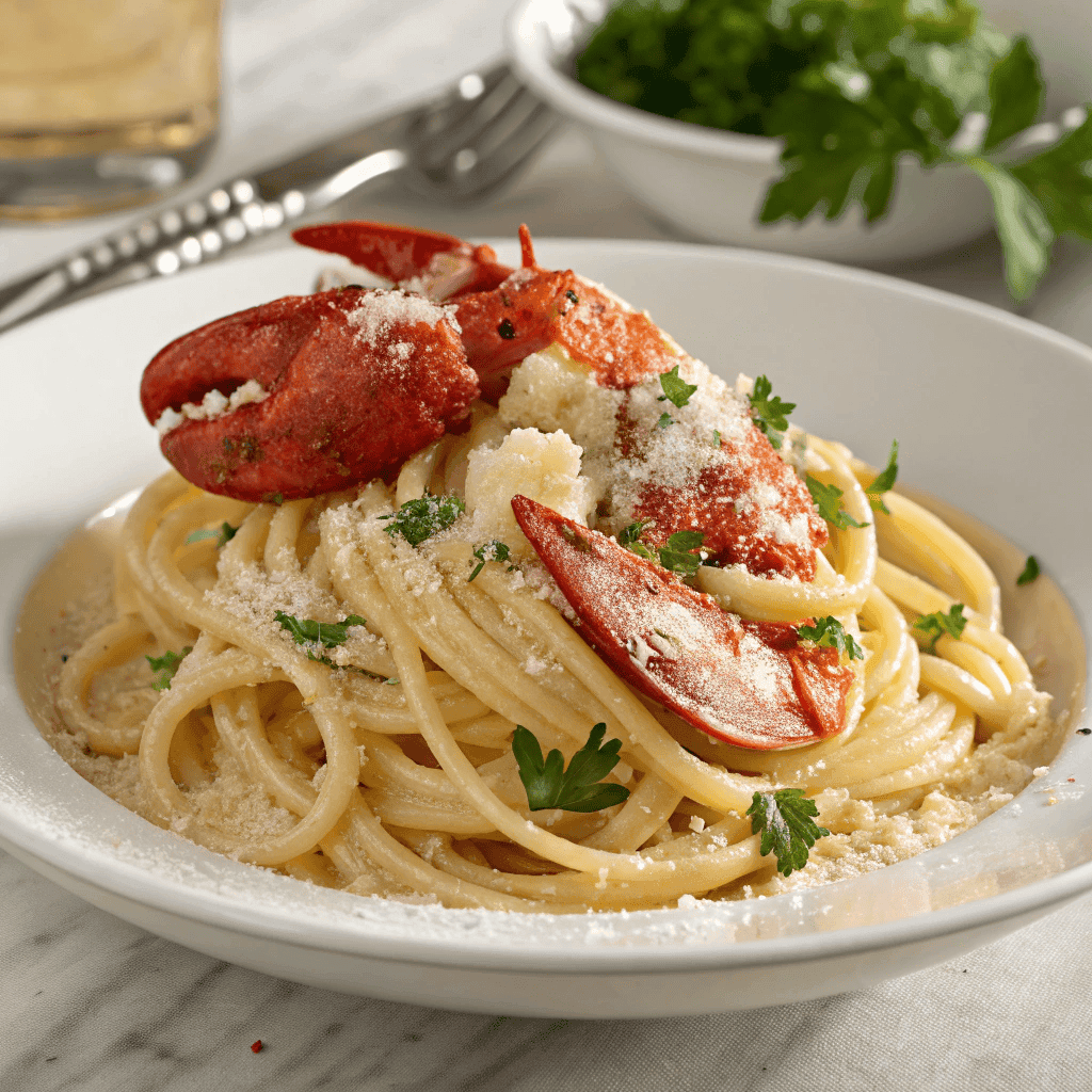 Full serving of lobster bucatini pasta with creamy sauce and lobster chunks