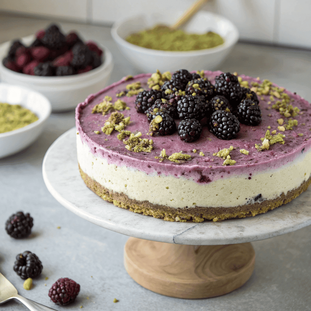 Full view of a layered pistachio blackberry cheesecake with four distinct layers