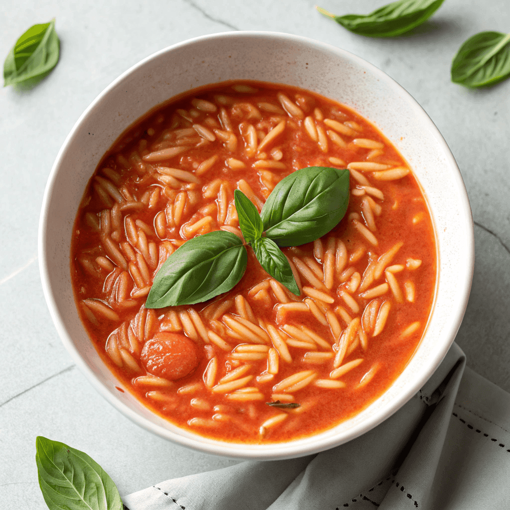 Easy Tomato Orzo Soup – Creamy, Comforting, and Easy to Make 2 Full bowl of tomato orzo soup with basil garnish