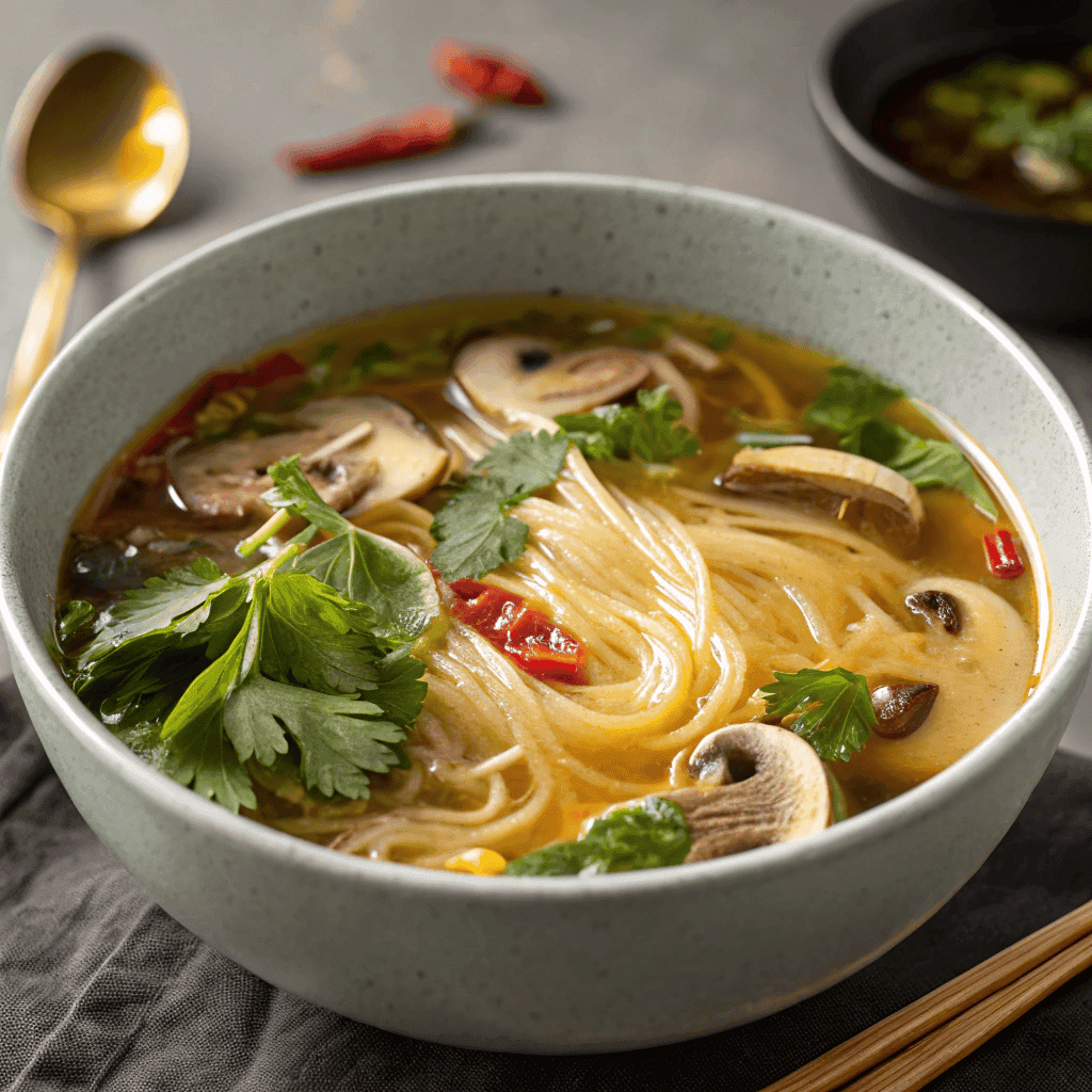 Full bowl of winter warmer soup with golden broth and fresh vegetables.