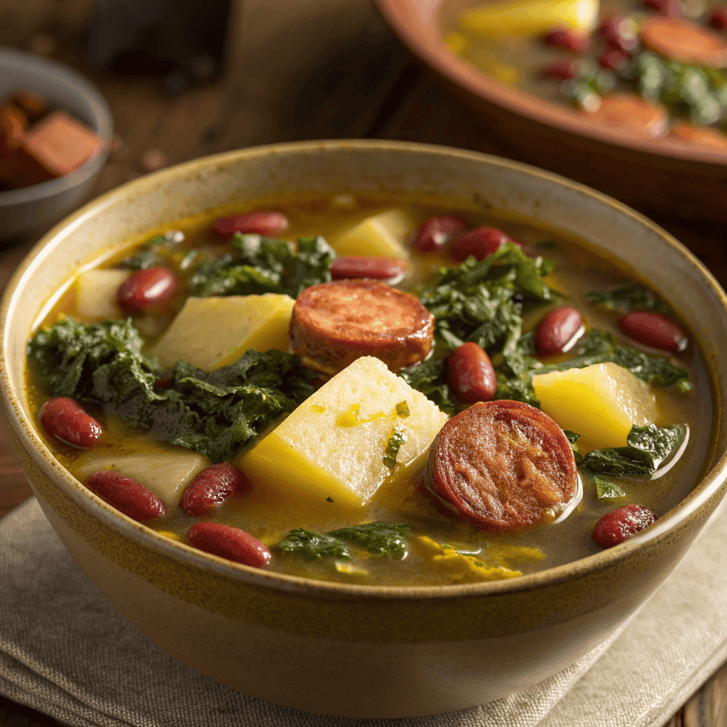 Full bowl of Portuguese kale soup with chouriço sausage and vegetables.