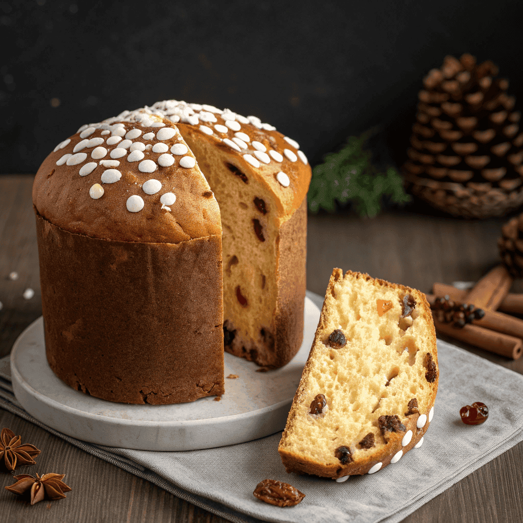 Italian panettone loaf and slice served on a white plate showing airy crumb.