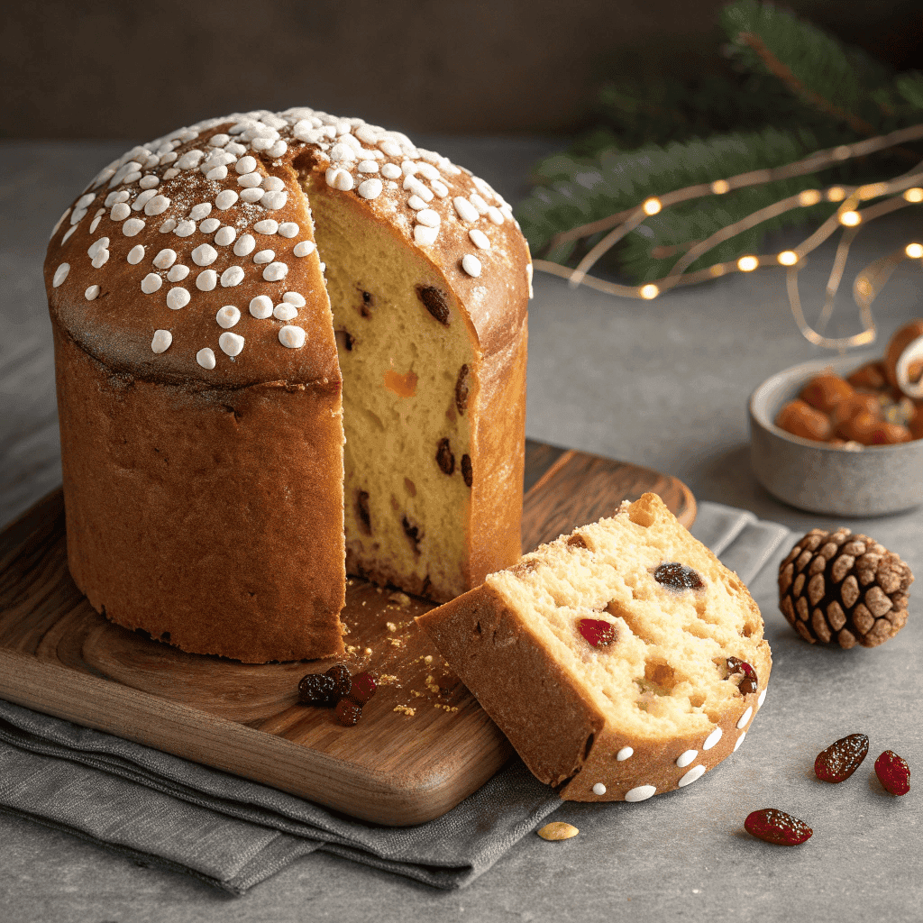 Whole Italian panettone loaf with slice showing raisin-filled crumb.