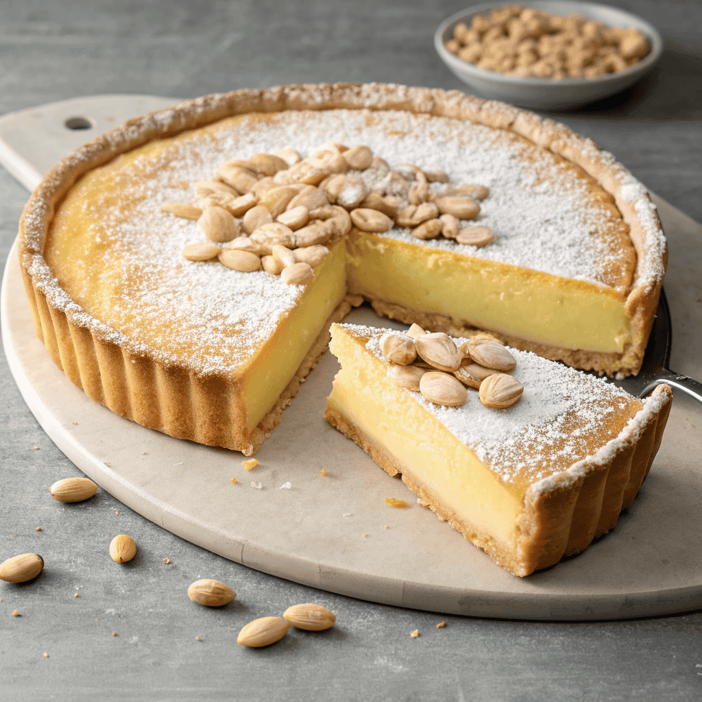 Whole Italian custard tart with pine nuts and powdered sugar topping.