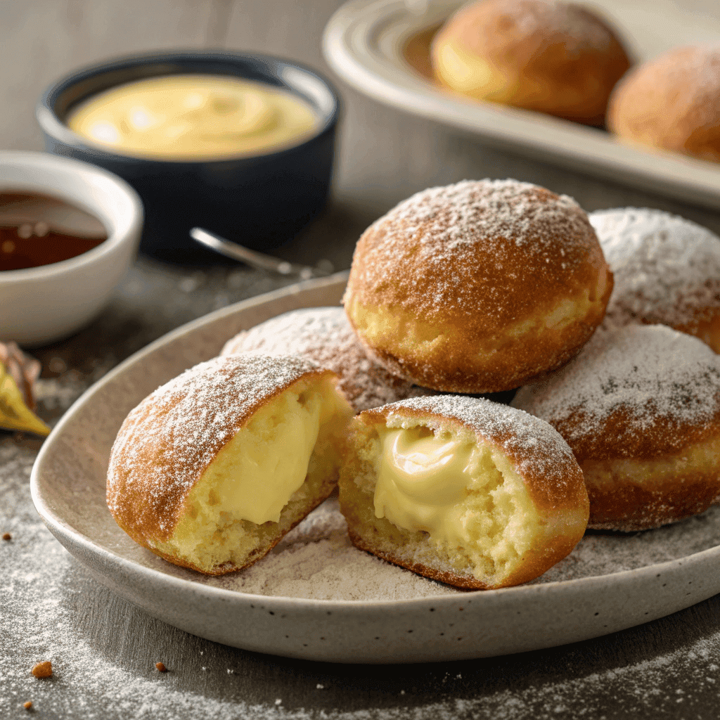 Full plate of Italian cream-filled bomboloni dusted with powdered sugar.