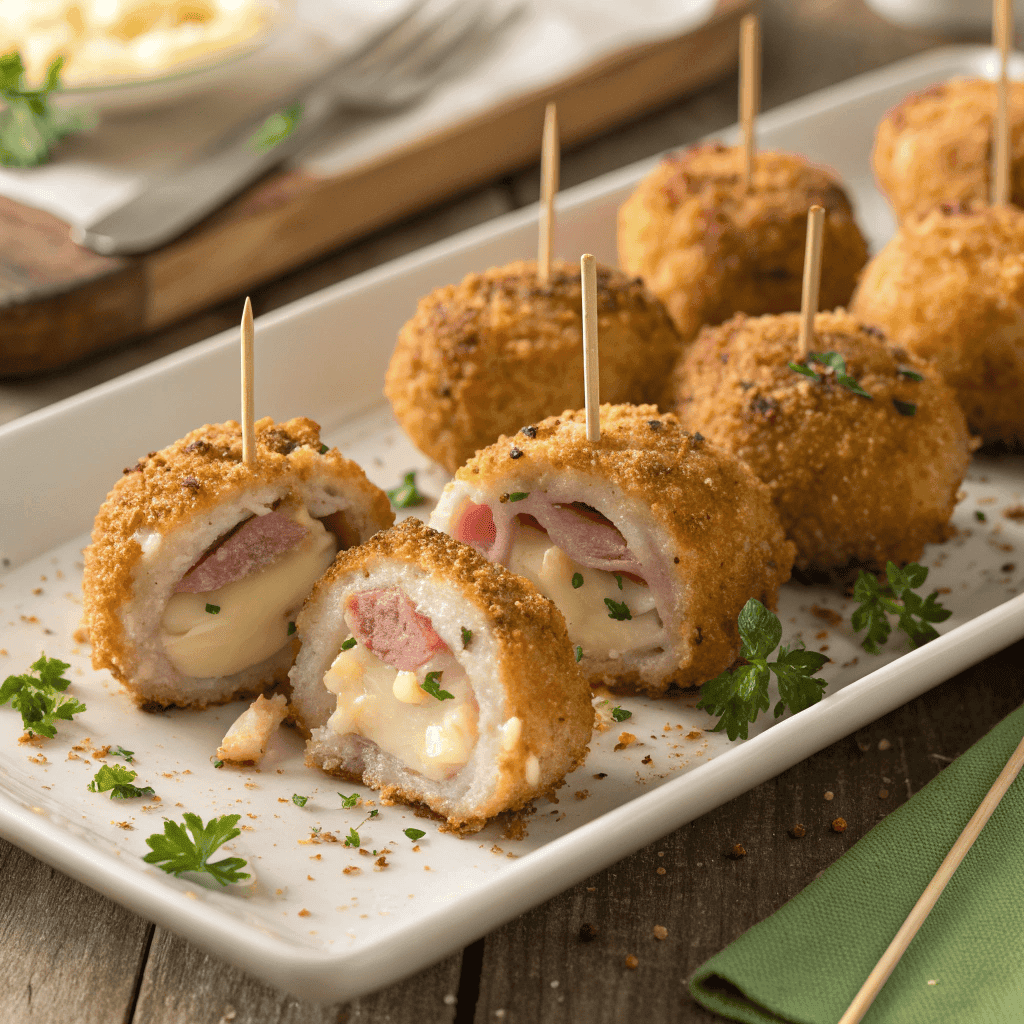 Full platter of crispy chicken cordon bleu bites with cheese and ham filling.