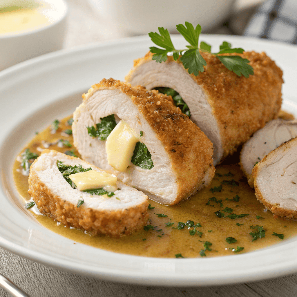Full plate of Chicken Kiev with crispy breading and melted garlic butter.