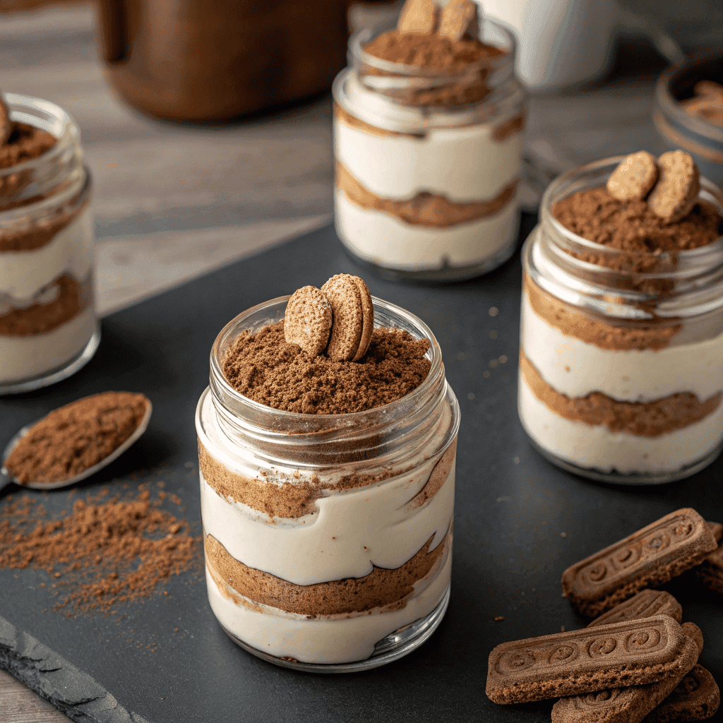 Multiple jars of Biscoff tiramisu with layered cream and biscuits arranged together.
