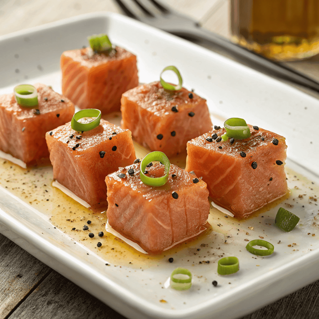 Full plate of salmon bites with glossy finish and green onion garnish.