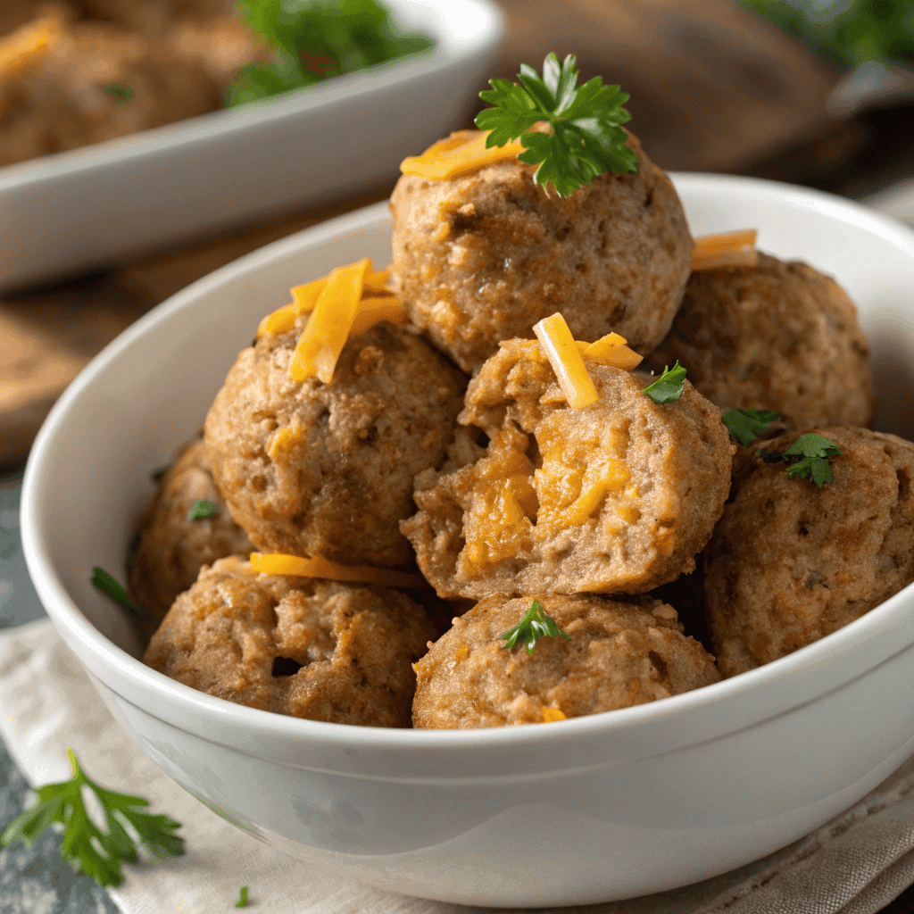 Full bowl of baked sausage balls with cheddar cheese and parsley garnish.