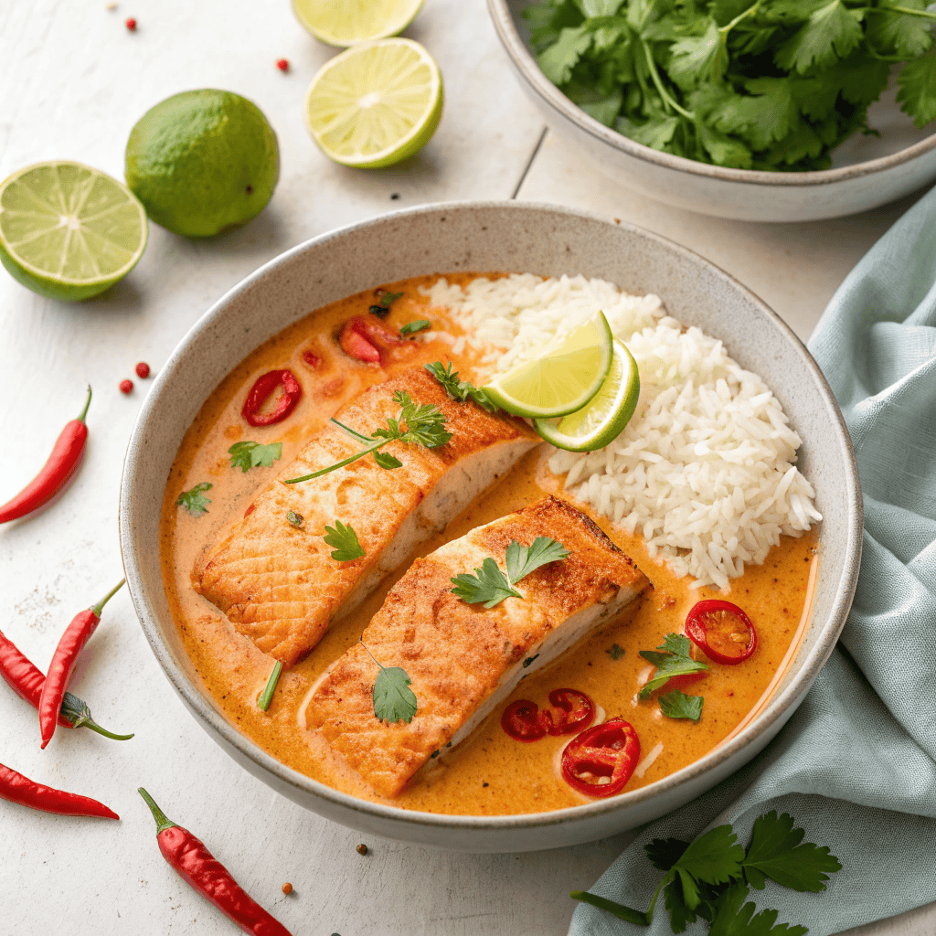 Overhead image of coconut salmon curry with white rice and lime wedges in a bowl.