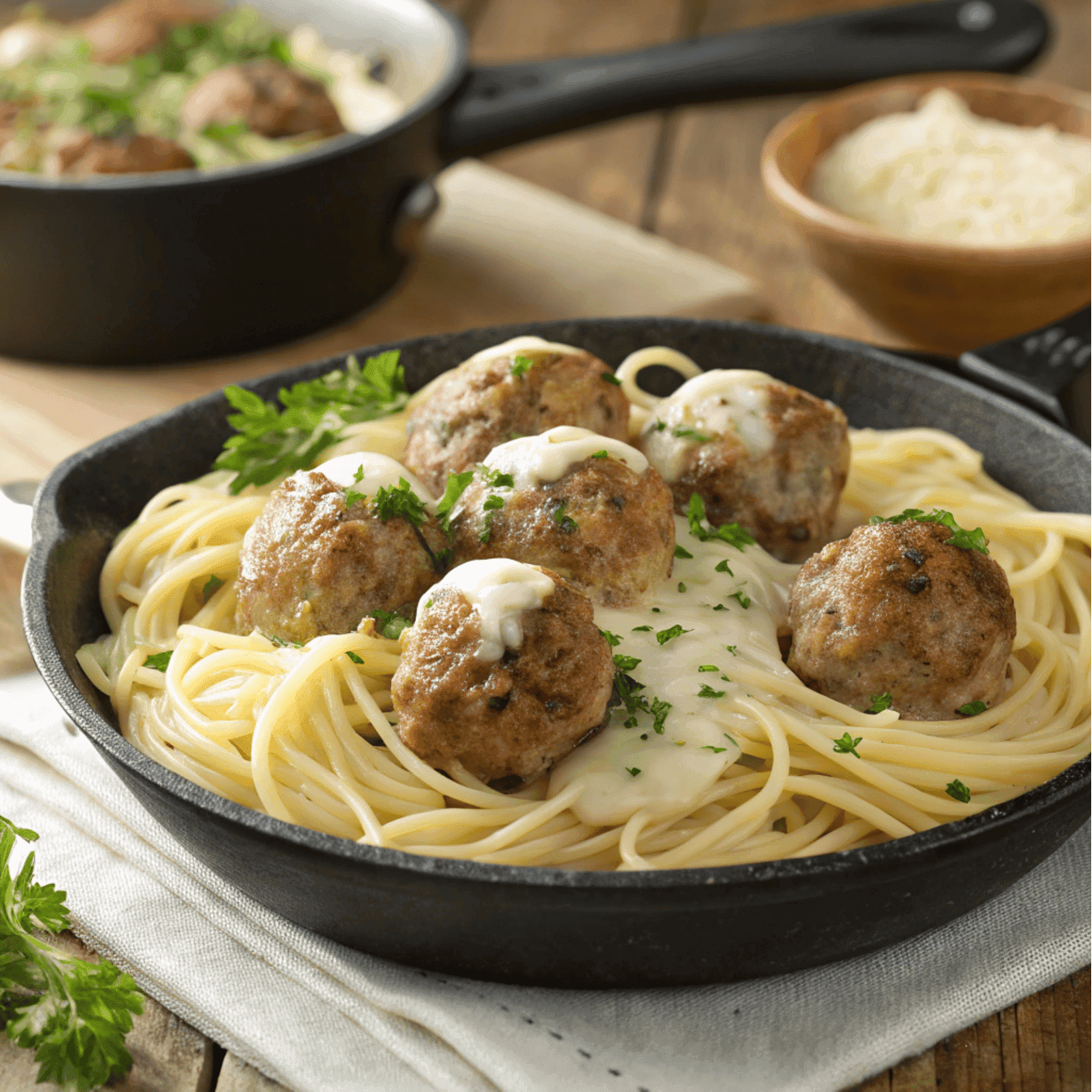 Garlic Butter Meatballs With Creamy Parmesan Pasta 4 Hero shot of garlic butter meatballs over creamy Parmesan spaghetti with parsley in a skillet.