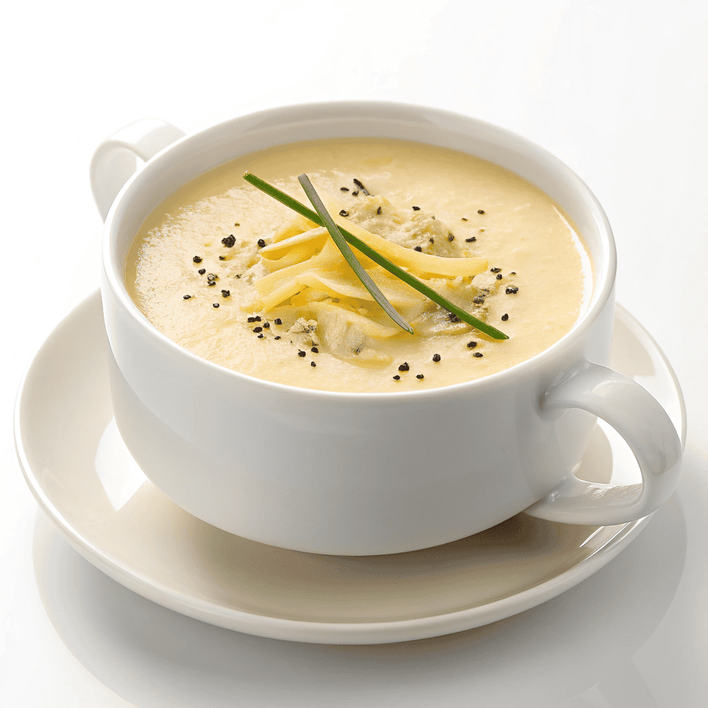 Creamy garlic cheddar cauliflower soup served in a white cup with scallions.