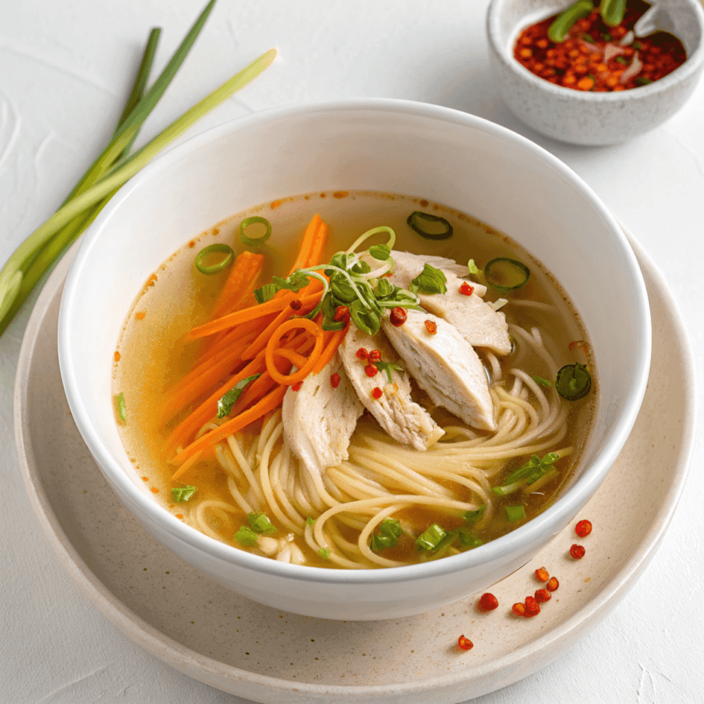 Chicken noodle soup with ginger, scallions, and carrots served in a white bowl.