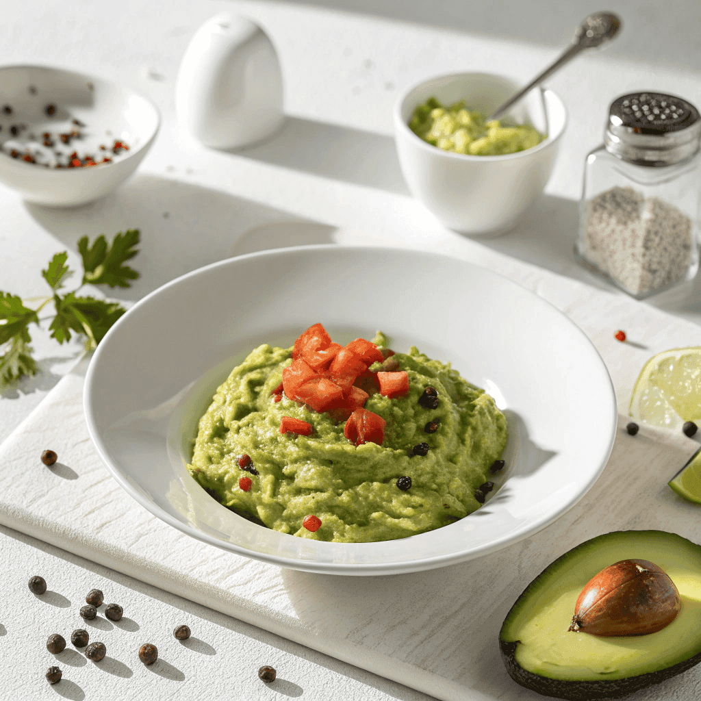 Chunky homemade guacamole displayed on a clean white plate with minimalist styling.