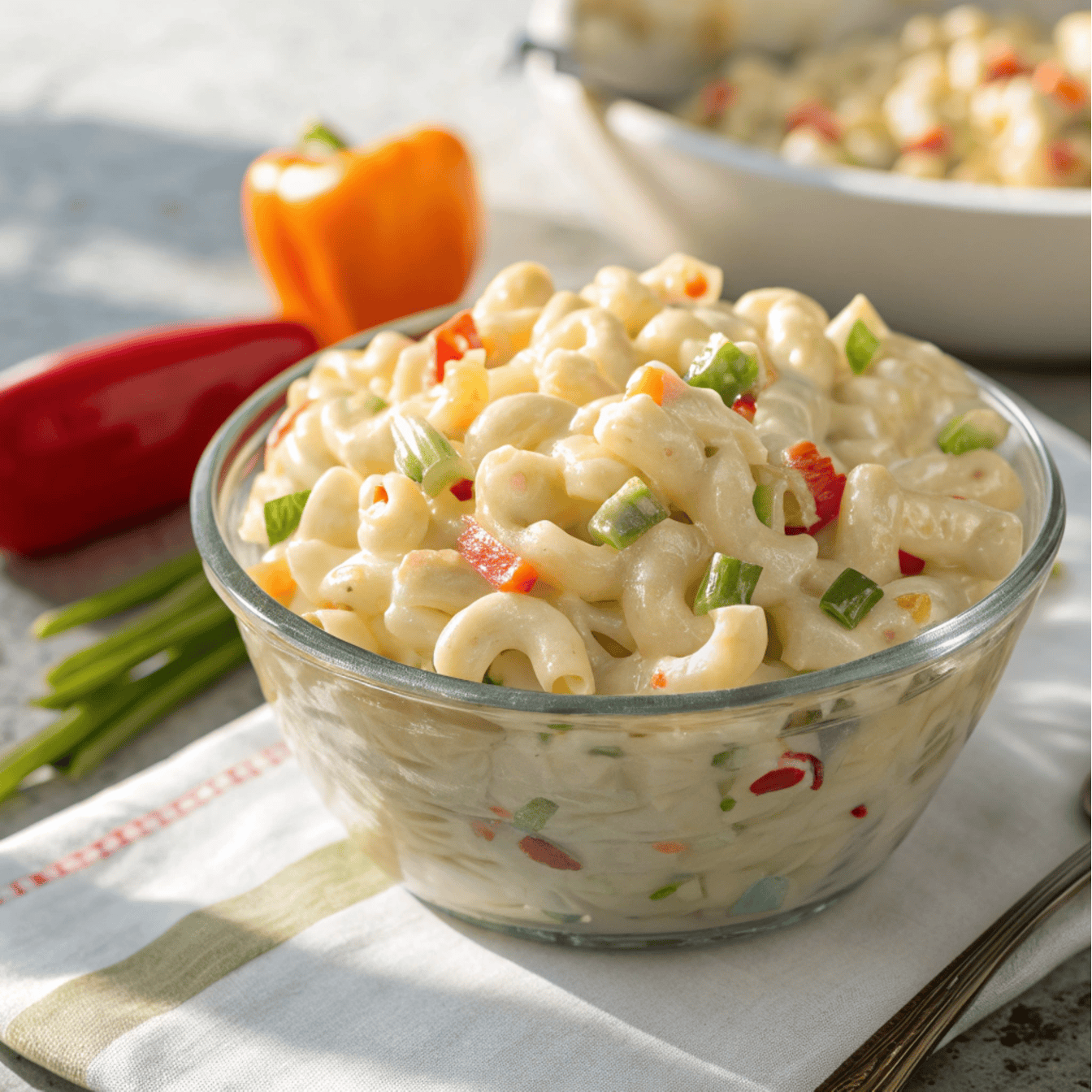 Hero shot of creamy macaroni salad with elbow pasta, diced vegetables, and green onion in a glass bowl.