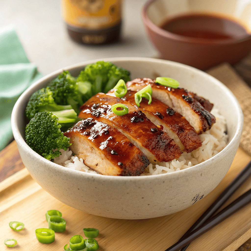 Hero shot of sliced honey BBQ chicken over rice with green onion garnish.