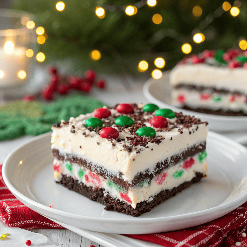 Hero shot of a layered no-bake Christmas Oreo lasagna topped with whipped cream and colorful holiday candies.