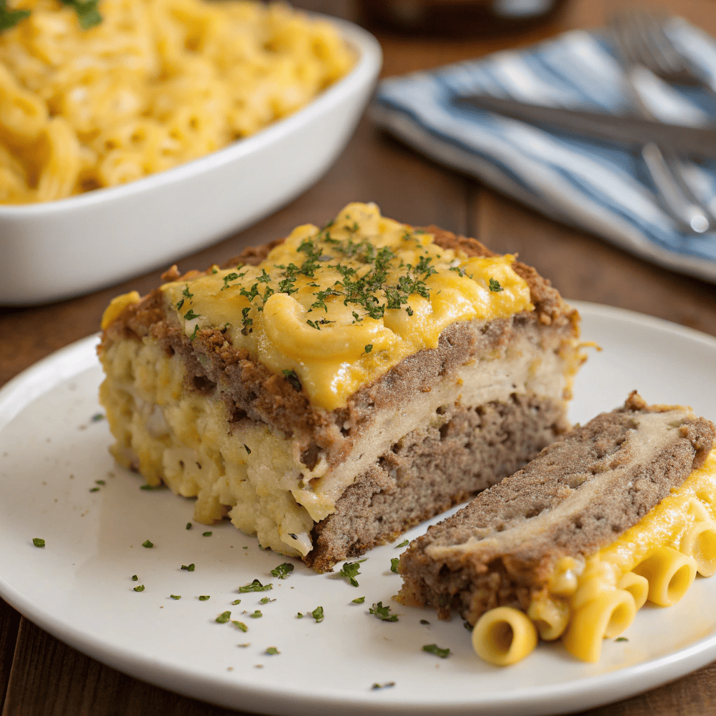 Hero shot of a layered mac and cheese meatloaf slice with melted cheese and herbs on top.