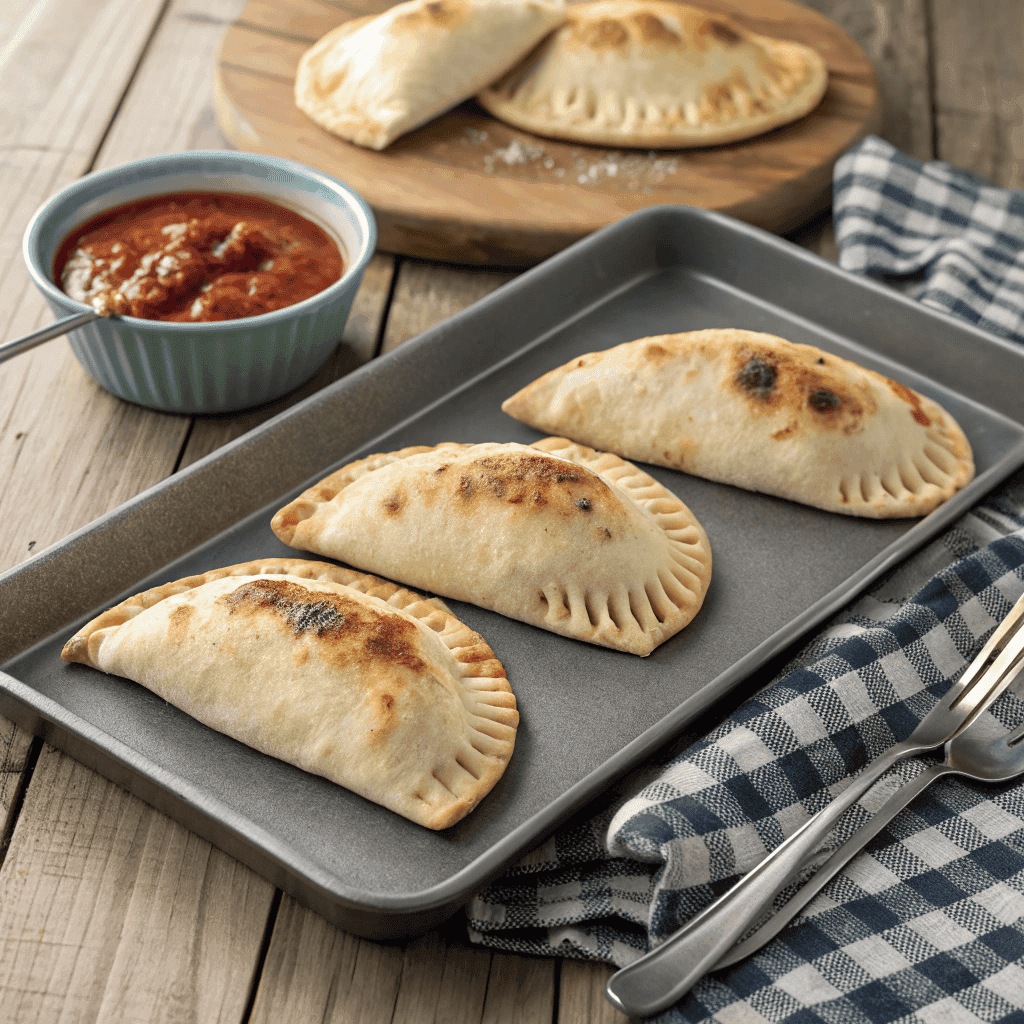 Air Fryer Calzones | Crispy, Cheesy & Ready in 15 Minutes 4 Hero image of golden air fryer calzones with fork-crimped edges on a gray tray.