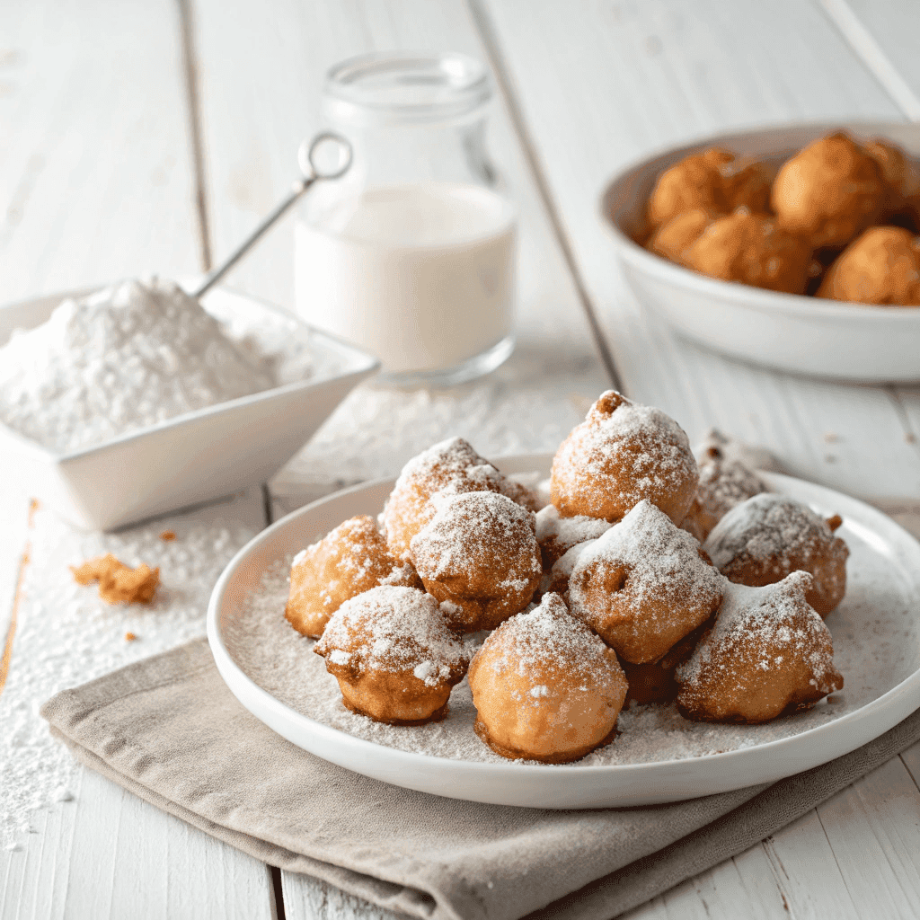 Air Fryer Funnel Cake Bites Recipe | Easy, Crisp & Golden 4 Hero image of golden air fryer funnel cake bites dusted with powdered sugar on a white plate.