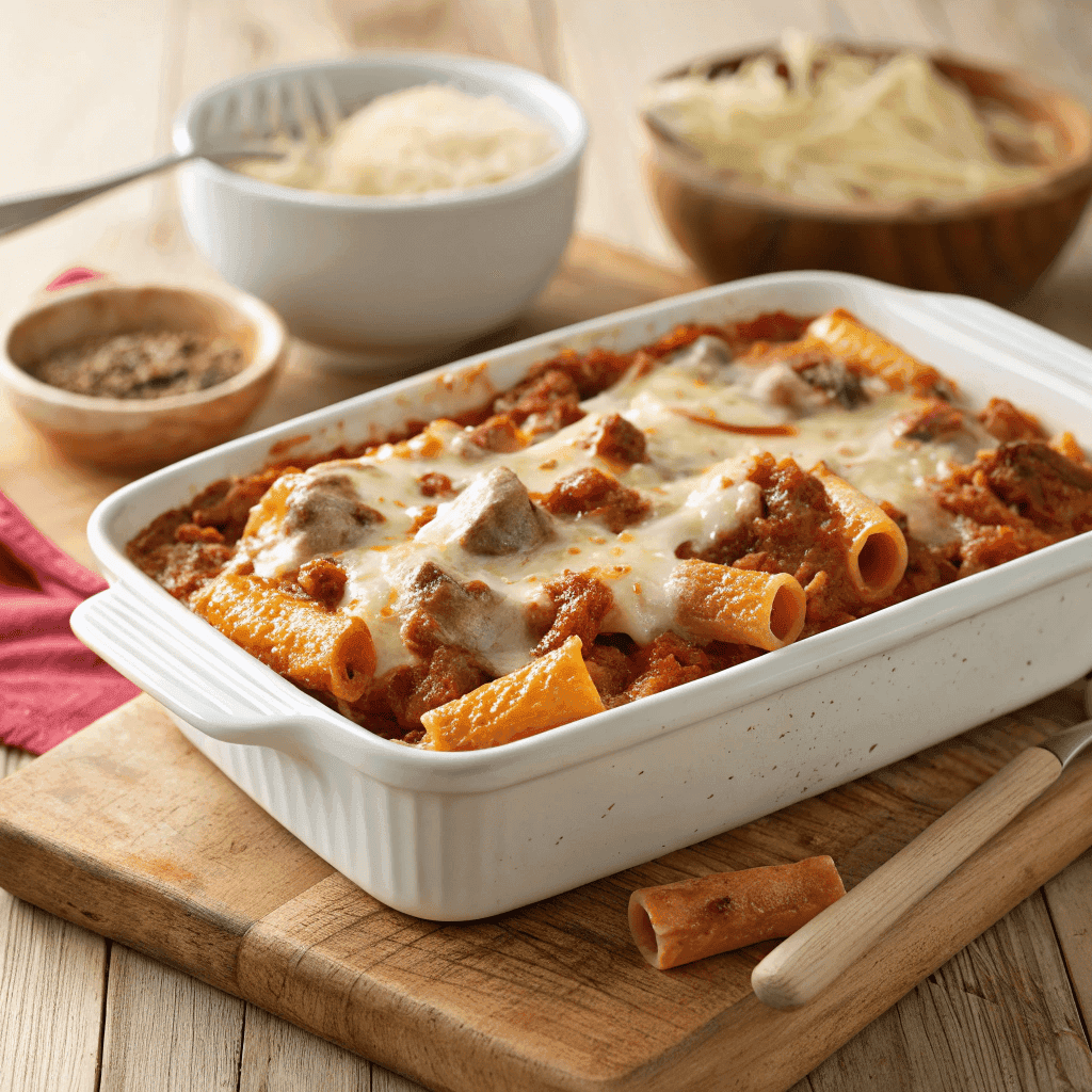 Classic Beef Rigatoni Cheese Bake (Easy & Cheesy Dinner) 4 Hero image of cheesy beef rigatoni bake in a white casserole dish with melted mozzarella.