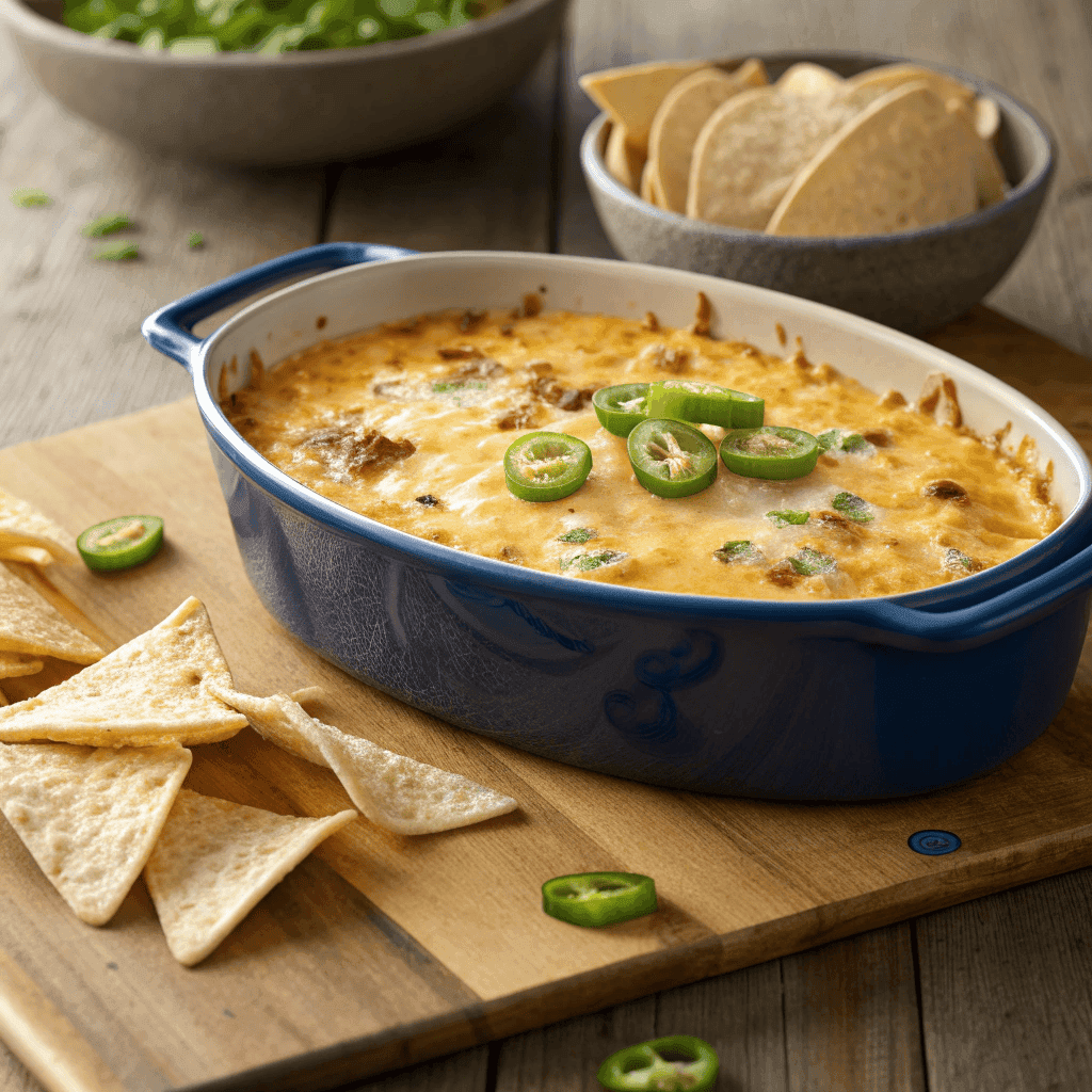 Hero image of Cheesy Texas Trash Dip in a blue baking dish topped with melted cheese and green onions.